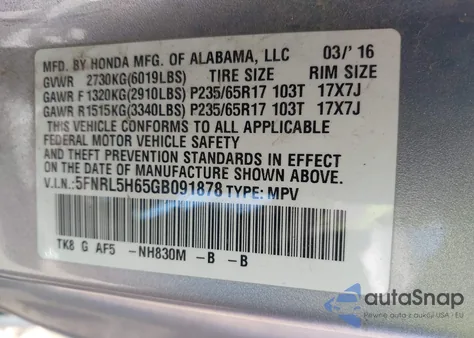 2016 Honda Odyssey Ex-L z USA, uszkodzony, nr VIN 5FNRL5H65GB091878